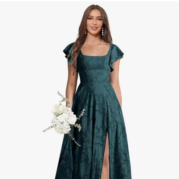 Floral Bridesmaid Dresses Long Square Neck Short Sleeve Formal Evening Gowns wit - Picture 1 of 3